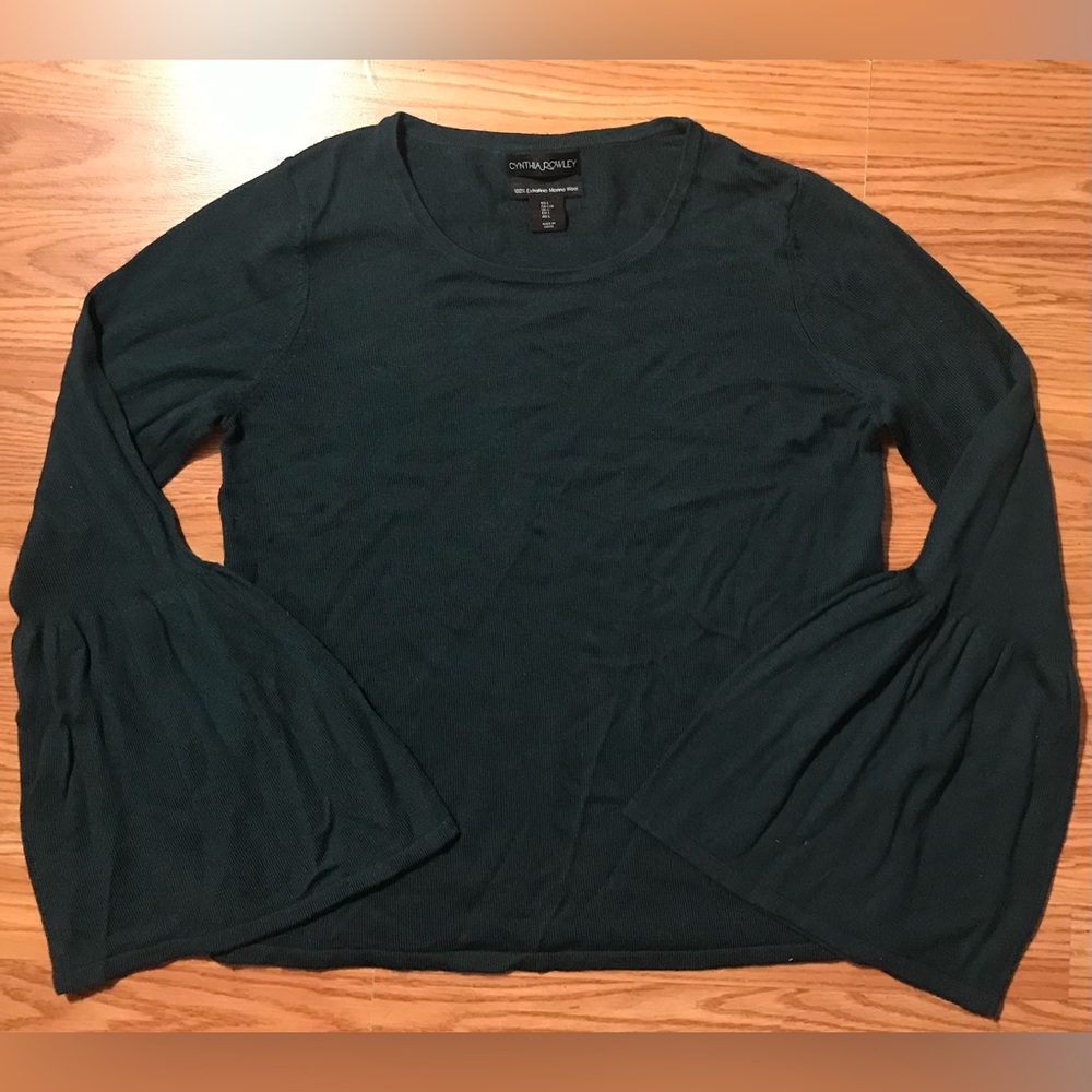 Cynthia Rowley Merino Wool Sweater L Dark Green Balloon Flare Sleeve NWOT